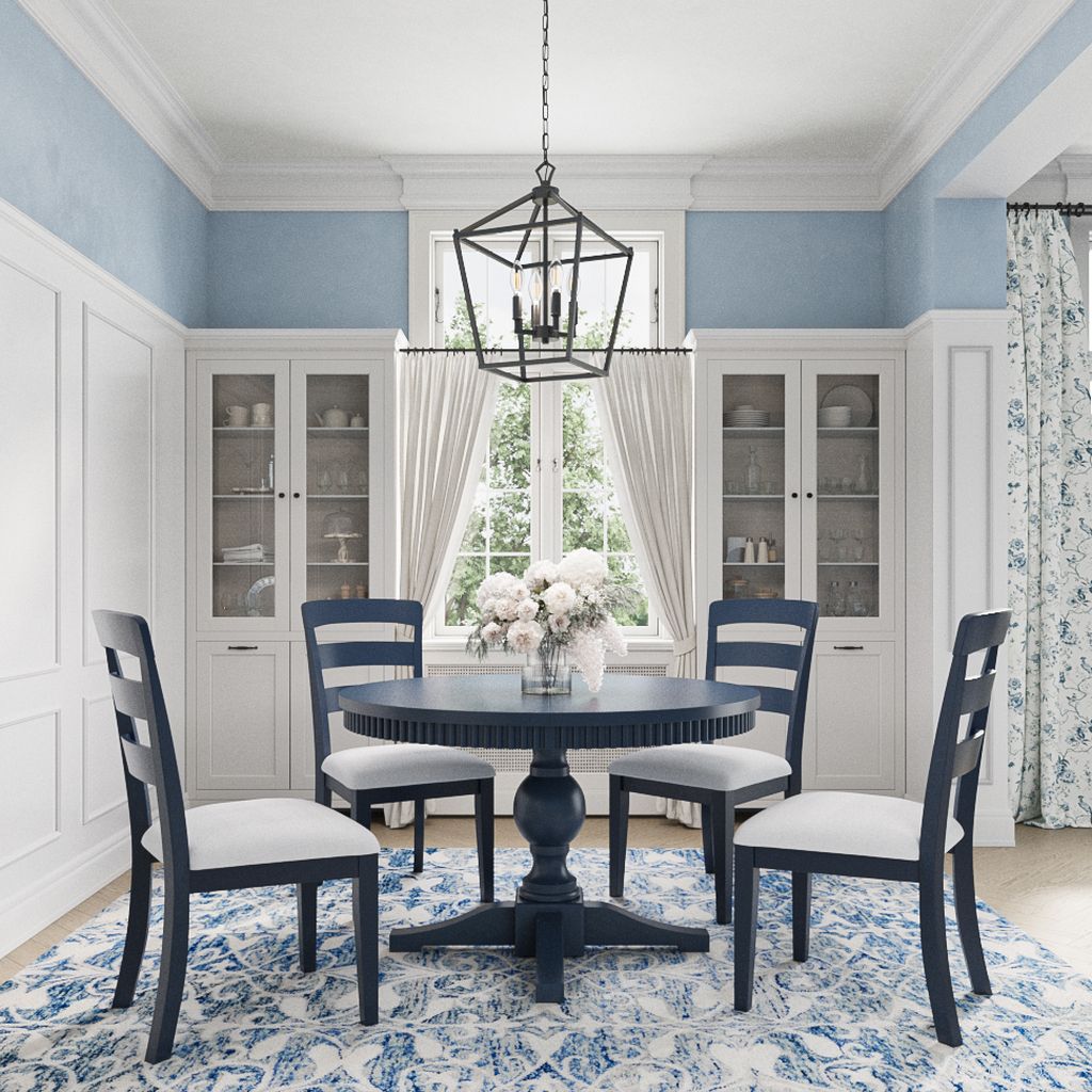 The appearance of Westport Round-to-Oval Pedestal Dining Room Set In Navy and Blue designed by Jofran in the coastal interior design. This navy and blue piece of furniture was selected by 1StopBedrooms from Westport Collection to add a touch of cosiness and style into your home. Sku: 2546-66B;2546-66T;2546-360KD. Table Top Shape: Oval. Material: MDF. Size: 48" x 66".