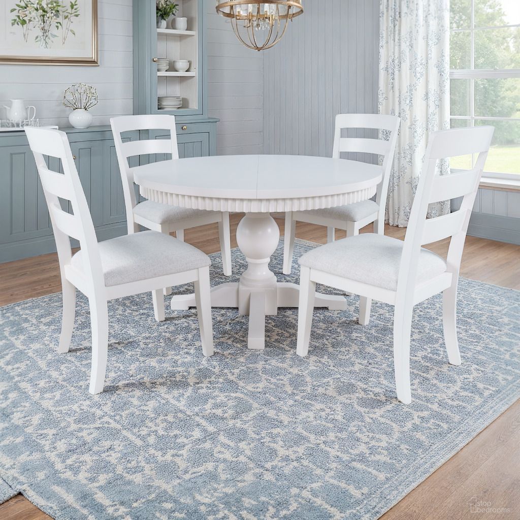 The appearance of Westport Round-to-Oval Pedestal Dining Room Set In White designed by Jofran in the coastal interior design. This white piece of furniture was selected by 1StopBedrooms from Westport Collection to add a touch of cosiness and style into your home. Sku: 2545-66B;2545-66T;2545-360KD. Table Top Shape: Oval. Material: MDF. Size: 48" x 66".