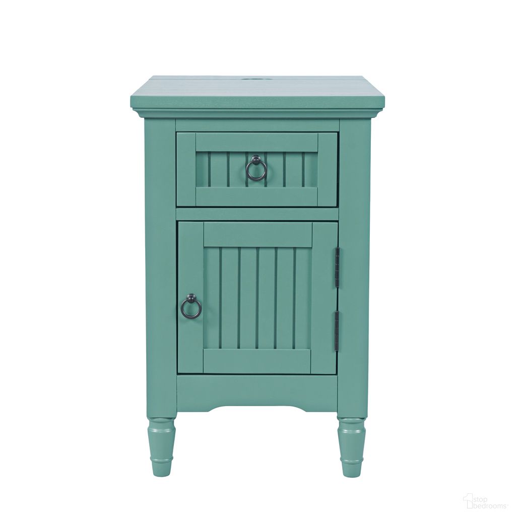 The appearance of Westport USB Charging Storage Cabinet Chairside End Table In Fern Green designed by Jofran in the coastal interior design. This fern green piece of furniture  was selected by 1StopBedrooms from Westport Collection to add a touch of cosiness and style into your home. Sku: 2547-6. Material: Acacia.
