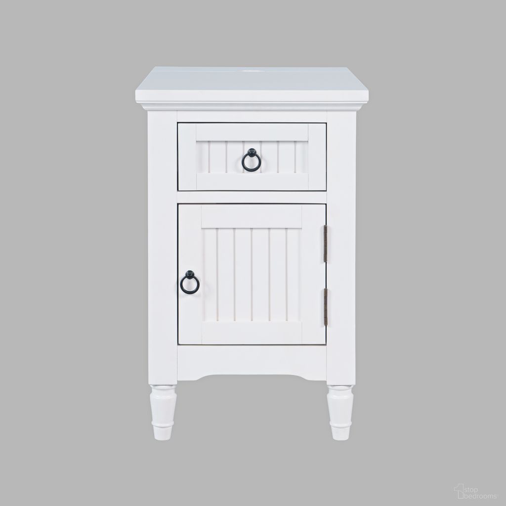 The appearance of Westport USB Charging Storage Cabinet Chairside End Table In White designed by Jofran in the coastal interior design. This white piece of furniture  was selected by 1StopBedrooms from Westport Collection to add a touch of cosiness and style into your home. Sku: 2545-6. Material: Acacia.
