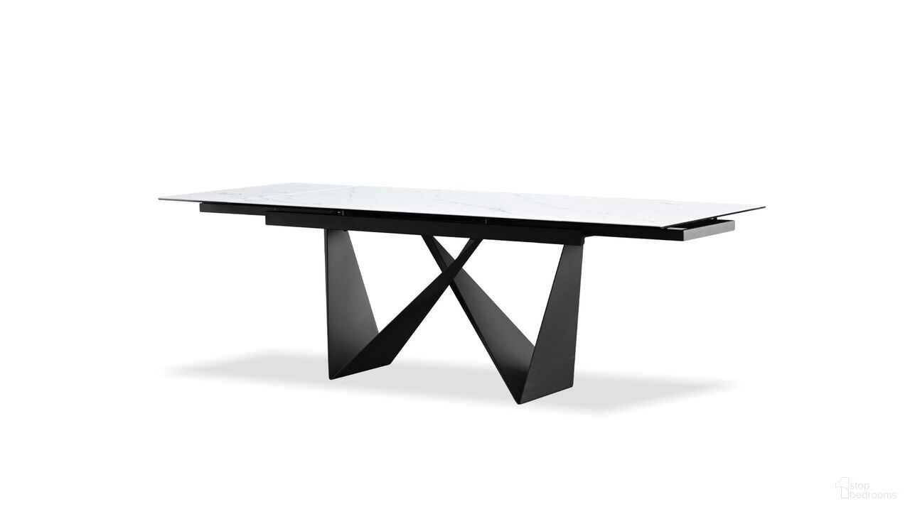The appearance of Westyn Dining Table Double Extension Black Powder Coated Steel Base In Carrara White designed by Mobital in the  interior design. This carrara white piece of furniture  was selected by 1StopBedrooms from Westyn Collection to add a touch of cosiness and style into your home. Sku: DTA-WEST-CARR-PCBLA. Table Base Style: Pedestal. Material: Ceramic. Table Top Shape: Rectangular. Size: 36" x 63".
