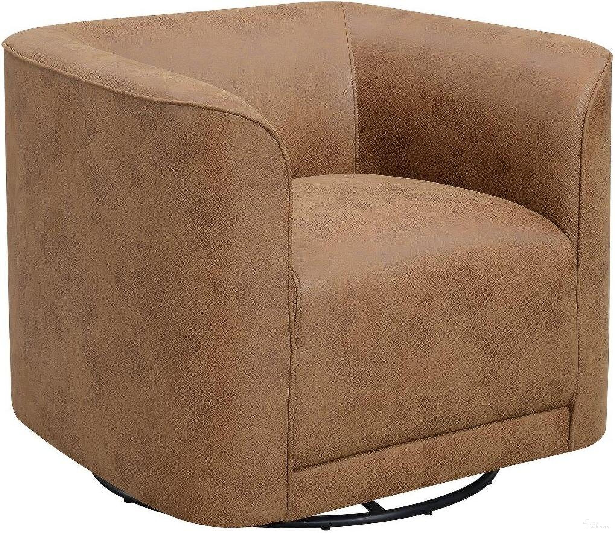 The appearance of Whirlaway Swivel Accent Chair In Badlands Saddle designed by Emerald Home Furnishings in the modern / contemporary interior design. This saddle piece of furniture  was selected by 1StopBedrooms from Whirlaway Collection to add a touch of cosiness and style into your home. Sku: U3272-04-25A. Material: Wood.