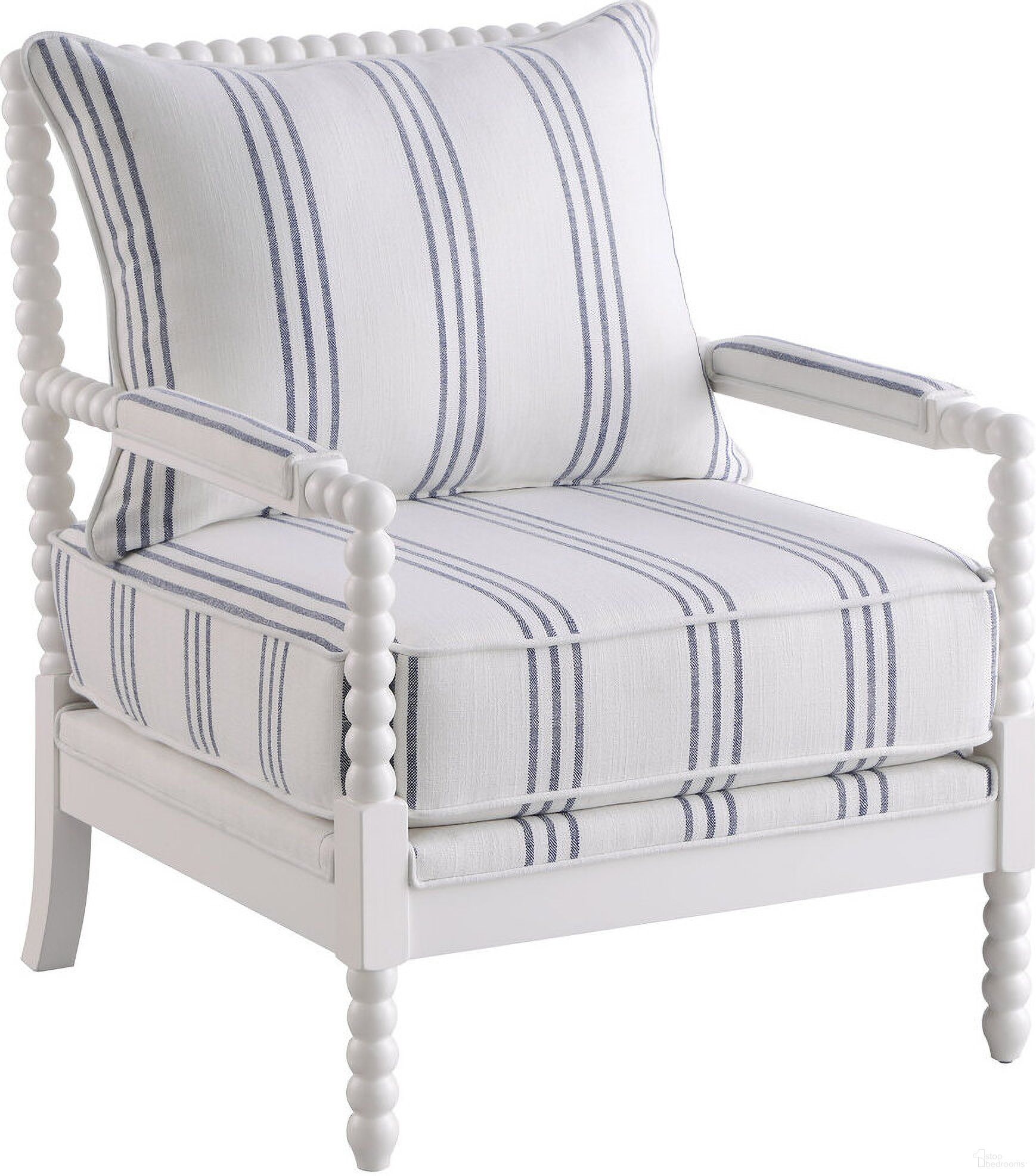The appearance of Blanchett Upholstered Accent Chair with Spindle Accent White and Navy designed by Coaster in the coastal interior design. This white piece of furniture  was selected by 1StopBedrooms from Blanchett Collection to add a touch of cosiness and style into your home. Sku: 903835. Material: Upholstered.