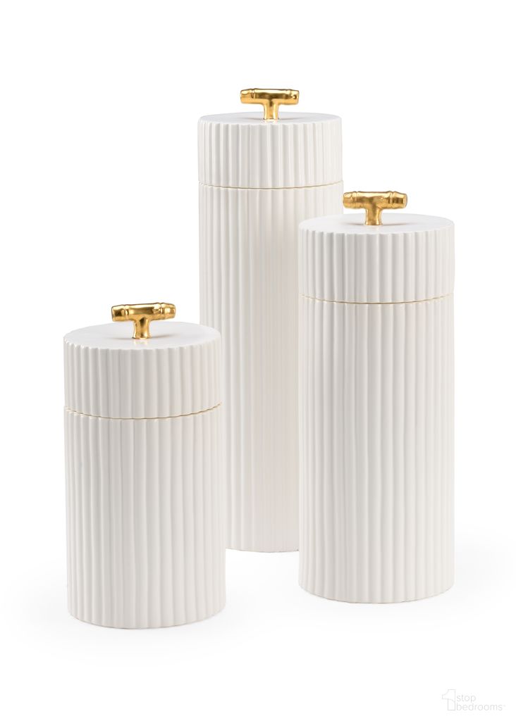 The appearance of White Bamboo Canisters (S3) In Cream and Gold designed by Chelsea House in the modern / contemporary interior design. This cream/gold piece of furniture  was selected by 1StopBedrooms from Claire Bell Collection to add a touch of cosiness and style into your home. Sku: 384647. Material: Ceramic.