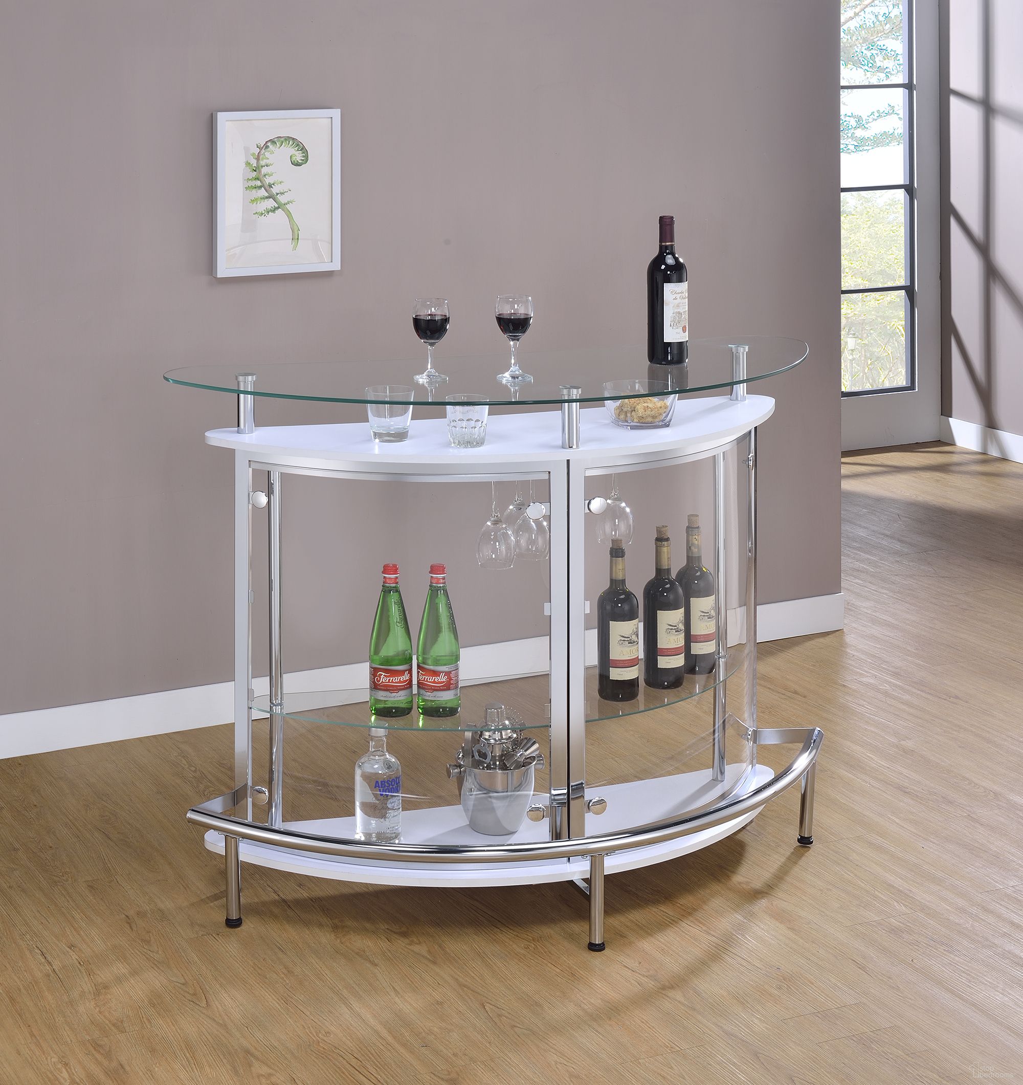 The appearance of Amarillo 2-tier Bar Unit White and Chrome designed by Coaster in the modern / contemporary interior design. This white piece of furniture was selected by 1StopBedrooms from Amarillo Collection to add a touch of cosiness and style into your home. Sku: 101066. Table Top Shape: Oval. Material: Metal.