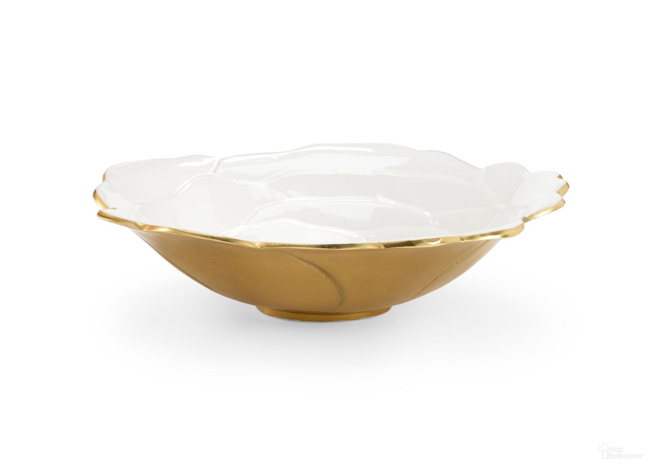 White Enameled Bowl Large In Cream and Gold