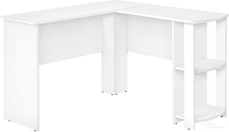 The appearance of White L-Shaped Corner Computer Desk With 2 Shelves designed by Monarch Specialties in the modern / contemporary interior design. This white piece of furniture  was selected by 1StopBedrooms from  to add a touch of cosiness and style into your home. Sku: I 7723. Material: Laminate.
