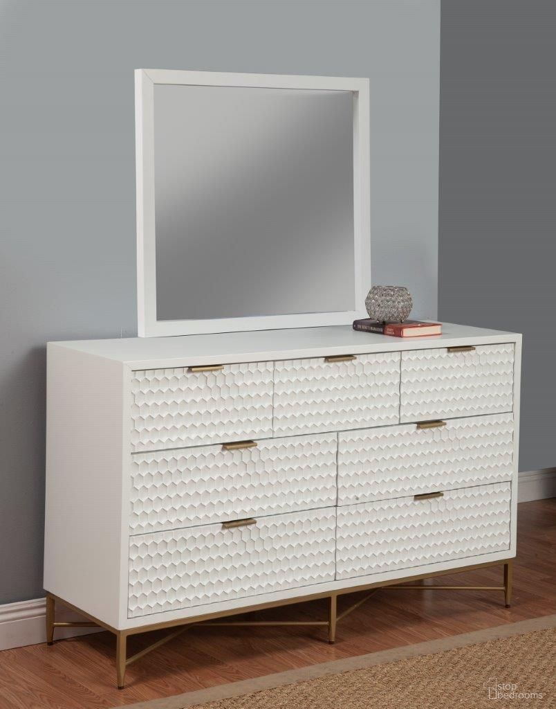 The appearance of White Pearl Mirror In White designed by Alpine in the modern / contemporary interior design. This white piece of furniture was selected by 1StopBedrooms from White Pearl Collection to add a touch of cosiness and style into your home. Sku: 6400-06. Material: Wood.
