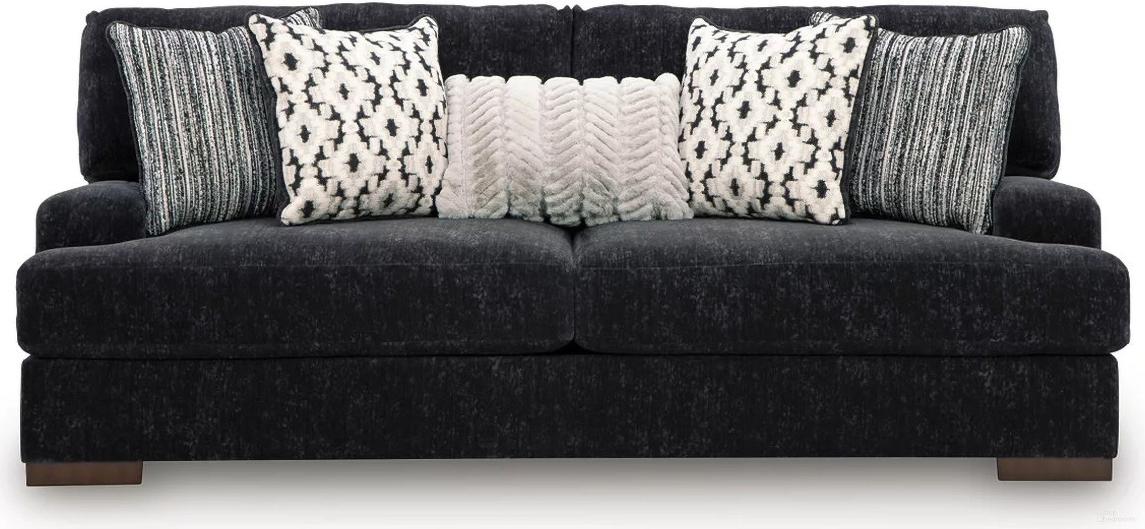 The appearance of Whitmore Manor Sofa In Black Pearl designed by Signature Design by Ashley in the modern / contemporary interior design. This black pearl piece of furniture was selected by 1StopBedrooms from Whitmore Manor Collection to add a touch of cosiness and style into your home. Sku: 8040438. Material: Fabric.