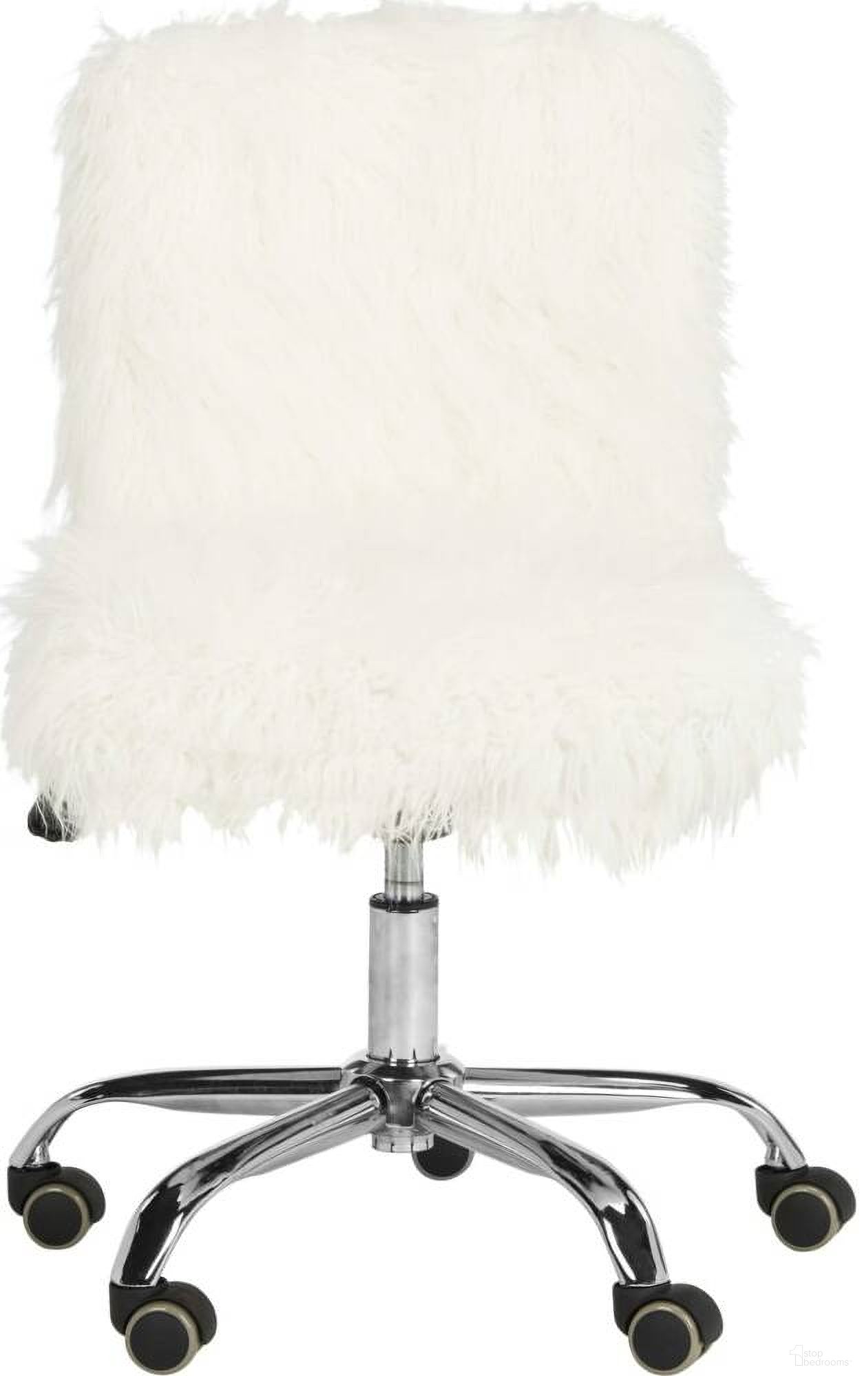 The appearance of Whitney White Faux Sheepskin Chrome Leg Swivel Office Chair designed by Safavieh in the modern / contemporary interior design. This white and chrome piece of furniture was selected by 1StopBedrooms from Whitney Collection to add a touch of cosiness and style into your home. Sku: OCH4505A. Material: Iron.