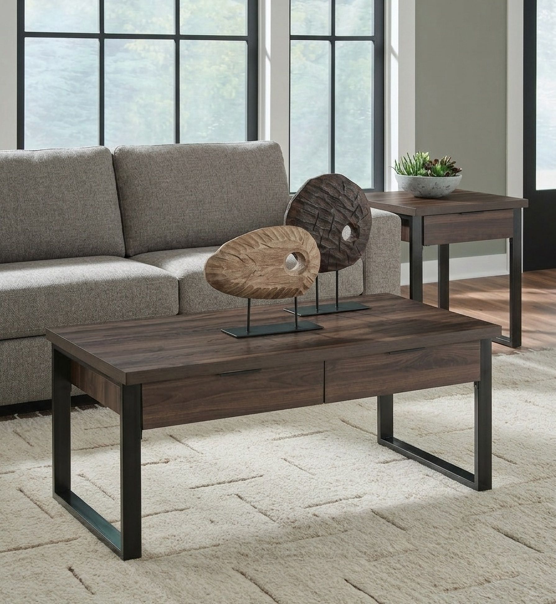 The appearance of Wickman Falls Occasional Table Set In Dark Brown designed by Signature Design by Ashley in the modern / contemporary interior design. This dark brown piece of furniture was selected by 1StopBedrooms from Wickman Falls Collection to add a touch of cosiness and style into your home. Sku: T318-1;T318-2. Material: Metal.