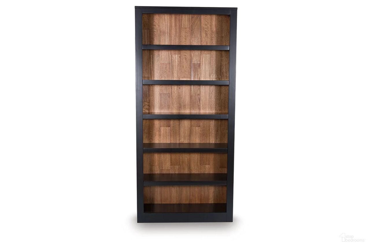 The appearance of Wildenauer 75 Inch Bookcase In Brown and Black designed by Signature Design by Ashley in the transitional interior design. This brown/black piece of furniture  was selected by 1StopBedrooms from Wildenauer Collection to add a touch of cosiness and style into your home. Sku: H664-70. Material: Wood.