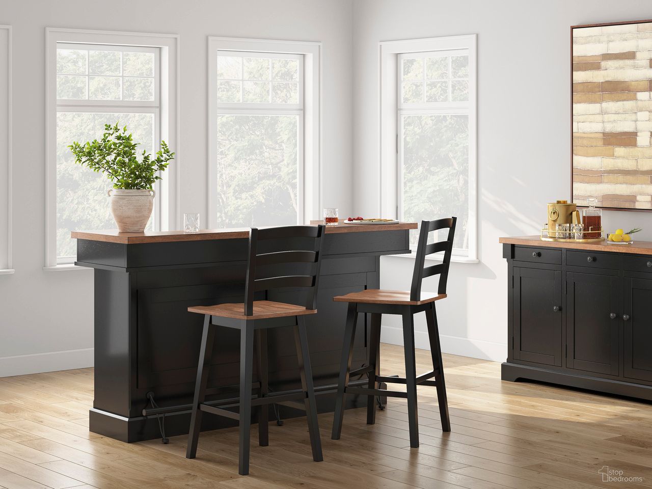 The appearance of Wildenauer Bar Room Set In Brown and Black designed by Signature Design by Ashley in the transitional interior design. This brown/black piece of furniture  was selected by 1StopBedrooms from Wildenauer Collection to add a touch of cosiness and style into your home. Sku: D634-65;D634-230;D634-230. Material: Wood.