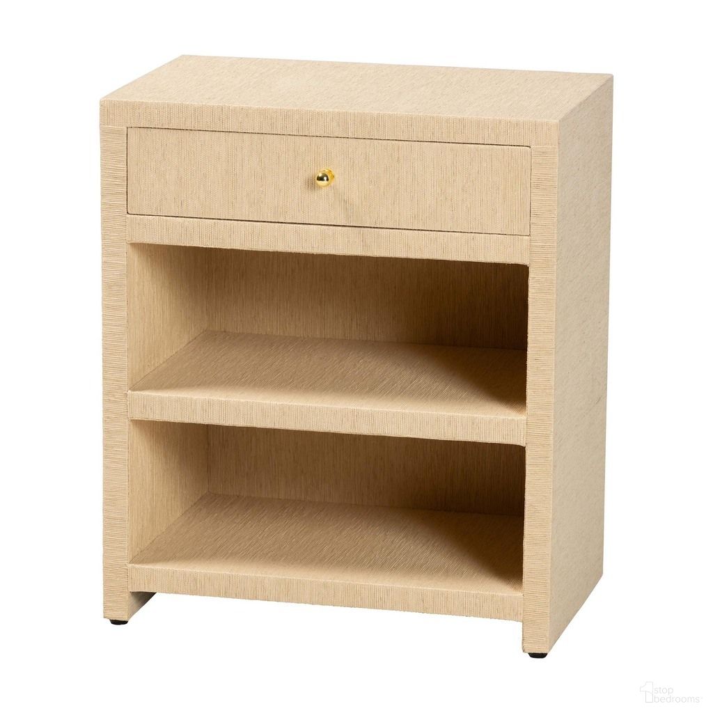 William Grasscloth 1-Drawer Nightstand In Light Brown and Gold