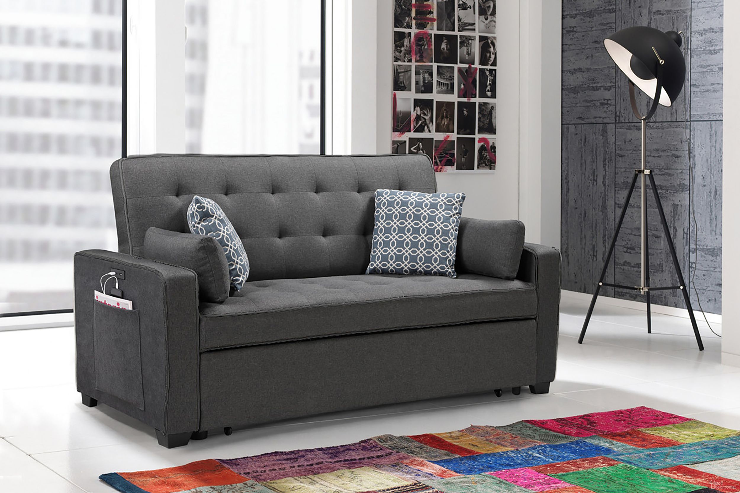 The appearance of William 75 Inch Fabric Sleeper Sofa with 2 USB Charging Ports and 4 Accent Pillows In Gray designed by Lilola Home in the modern / contemporary interior design. This gray piece of furniture was selected by 1StopBedrooms from William Collection to add a touch of cosiness and style into your home. Sku: 83014-A;83014-S. Material: Fabric.