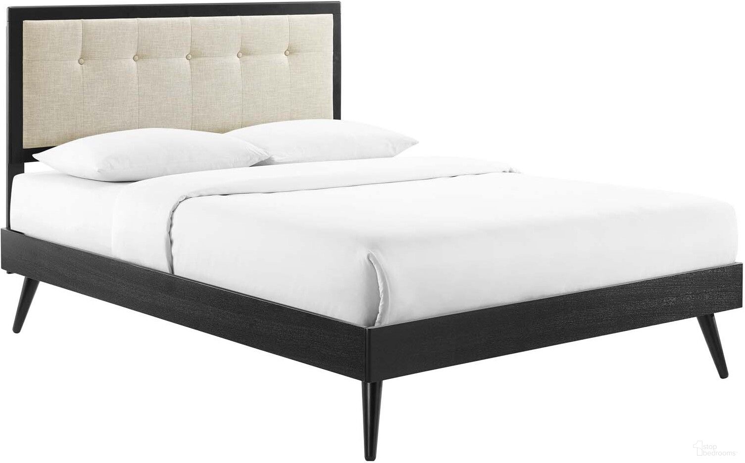 Willow Queen Wood Platform Bed With Splayed Legs In Black and Beige