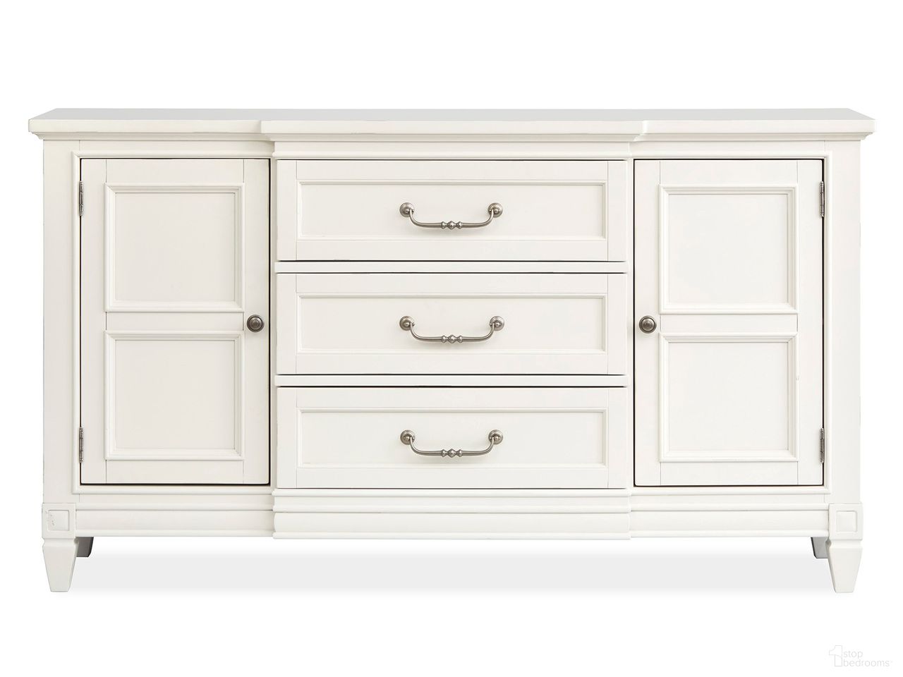 The appearance of Willowbrook Buffet In Egg Shell White designed by Magnussen in the transitional interior design. This egg shell white piece of furniture was selected by 1StopBedrooms from Willowbrook Collection to add a touch of cosiness and style into your home. Sku: D5324-14. Material: Birch Veneer.