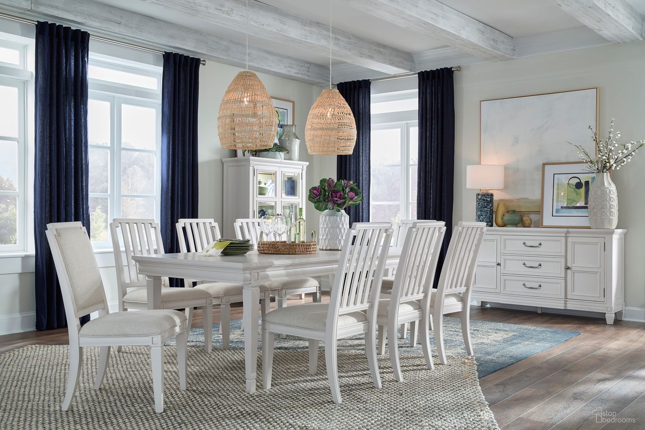 The appearance of Willowbrook Extendable Rectangular Dining Set In Egg Shell White designed by Magnussen in the transitional interior design. This egg shell white piece of furniture was selected by 1StopBedrooms from Willowbrook Collection to add a touch of cosiness and style into your home. Sku: D5324-20;D5324-62. Table Top Shape: Rectangular. Size: 68" x 40". Material: Birch Veneer.