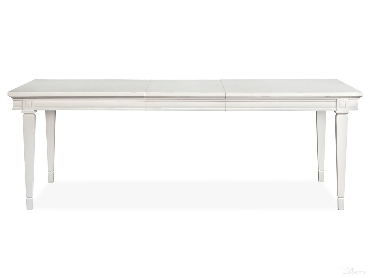 The appearance of Willowbrook Extendable Rectangular Dining Table In Egg Shell White designed by Magnussen in the transitional interior design. This egg shell white piece of furniture was selected by 1StopBedrooms from Willowbrook Collection to add a touch of cosiness and style into your home. Sku: D5324-20. Table Base Style: Legs. Table Top Shape: Rectangular. Size: 68" x 40". Material: Birch Veneer.