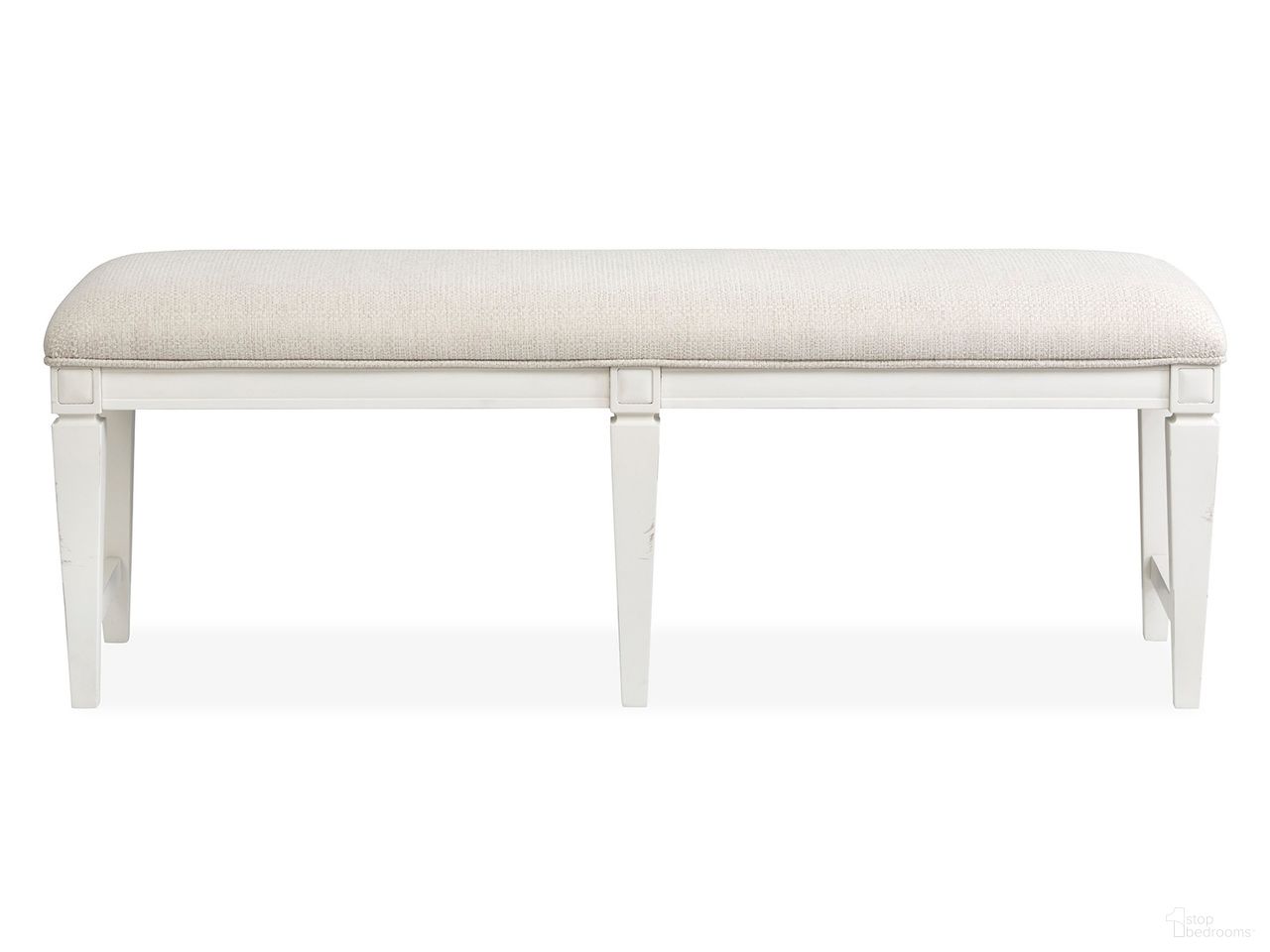 The appearance of Willowbrook Upholstered Bench In Egg Shell White designed by Magnussen in the transitional interior design. This egg shell white piece of furniture was selected by 1StopBedrooms from Willowbrook Collection to add a touch of cosiness and style into your home. Sku: D5324-68. Material: Birch Veneer.