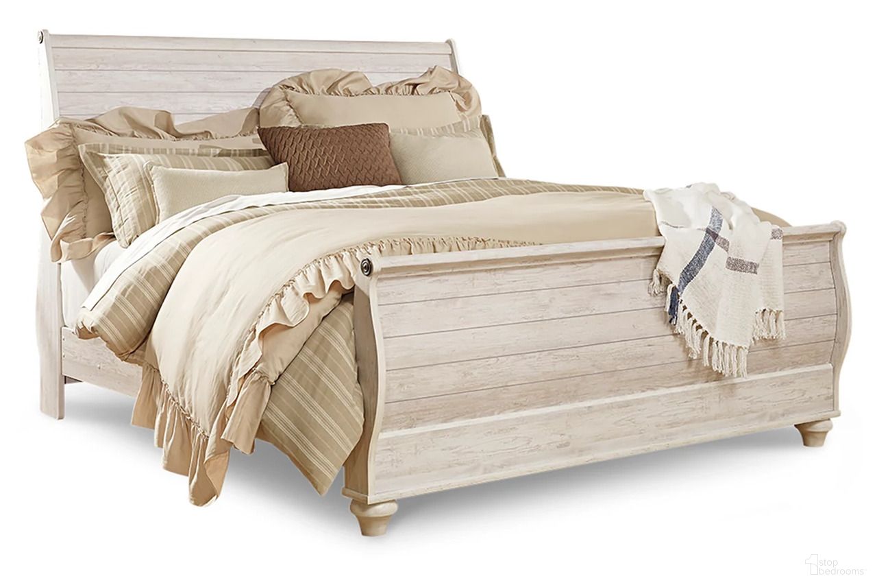 The appearance of Willowton King Sleigh Bed In White Wash designed by Signature Design by Ashley in the transitional interior design. This white wash piece of furniture  was selected by 1StopBedrooms from Willowton Collection to add a touch of cosiness and style into your home. Sku: B267-176;B267-178;B267-197. Bed Type: Sleigh Bed. Material: Wood. Bed Size: King.