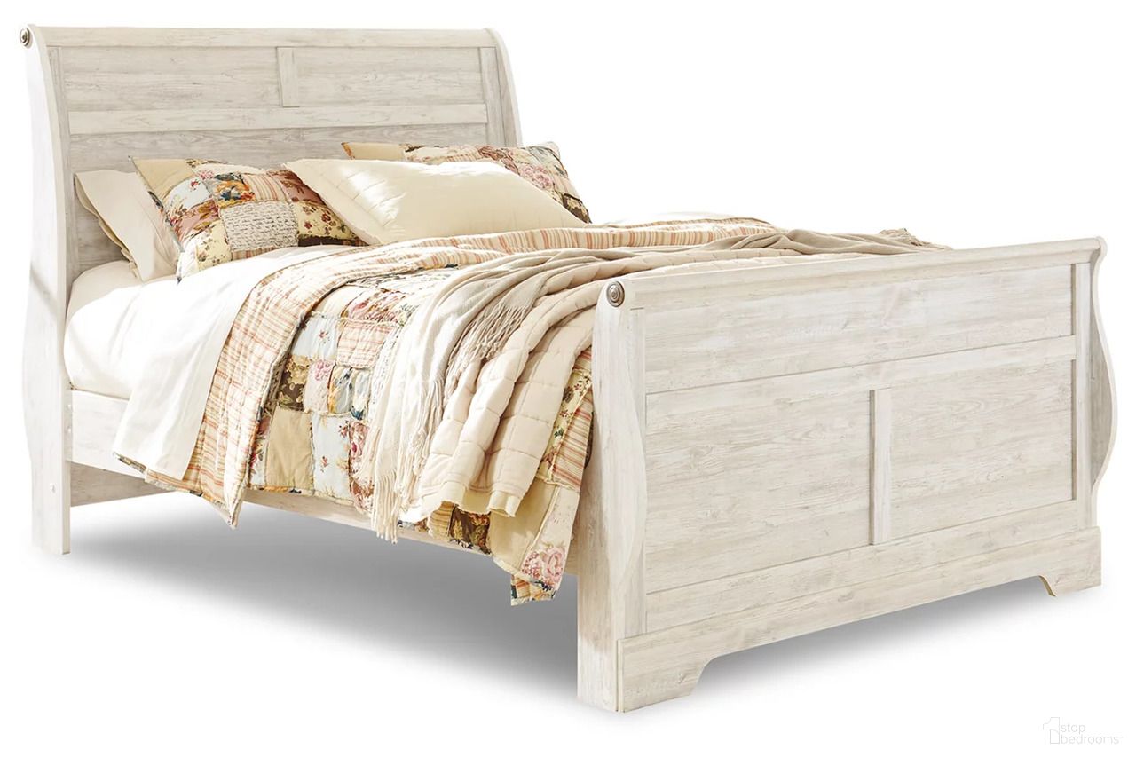 The appearance of Willowton Queen Sleigh Bed In Washed White designed by Signature Design by Ashley in the transitional interior design. This washed white piece of furniture was selected by 1StopBedrooms from Willowton Collection to add a touch of cosiness and style into your home. Sku: B267-174;B267-177;B267-196. Bed Type: Sleigh Bed. Material: Wood. Bed Size: Queen.
