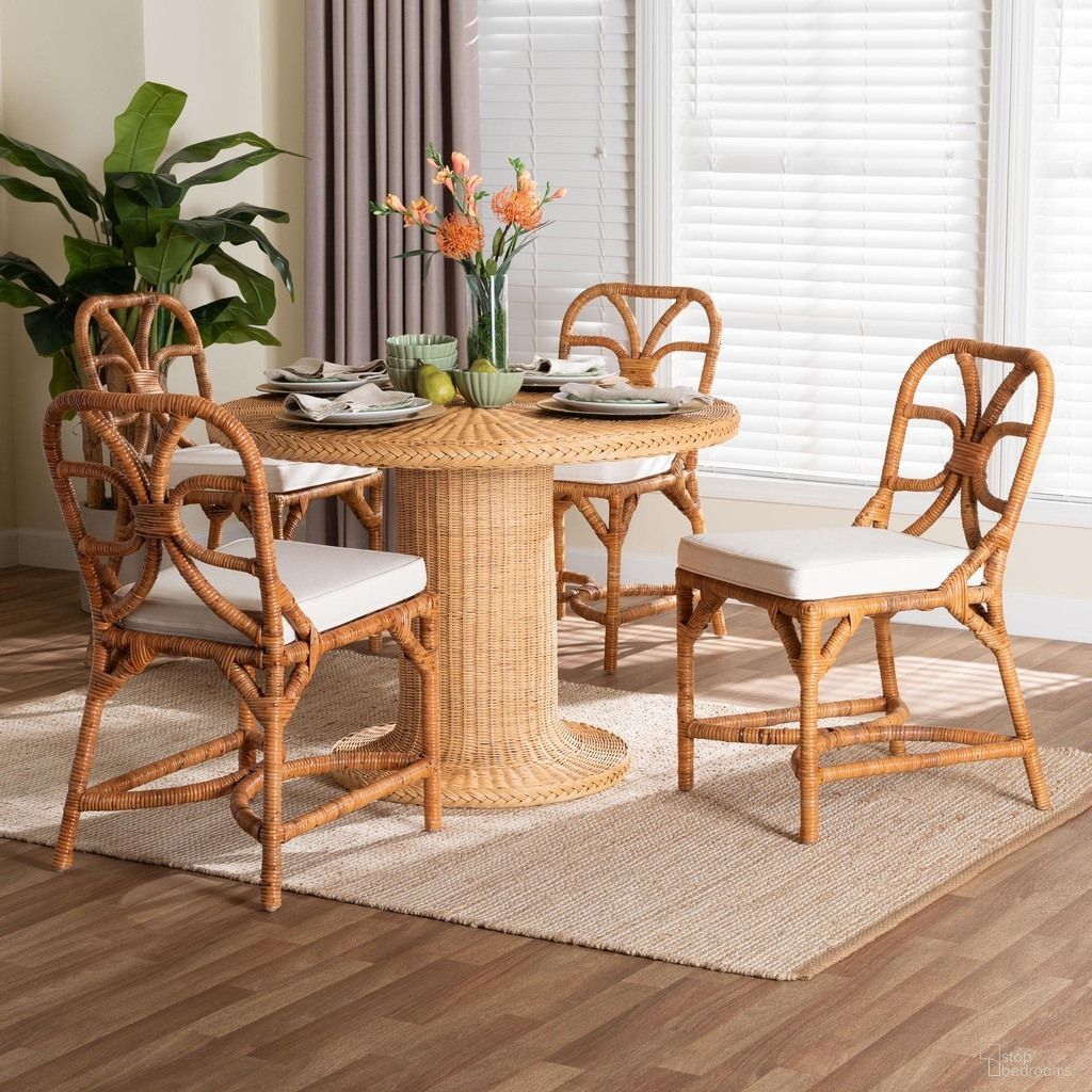 Wilmer 5-Piece Handwoven Rattan Round Dining Room Set In Light Honey