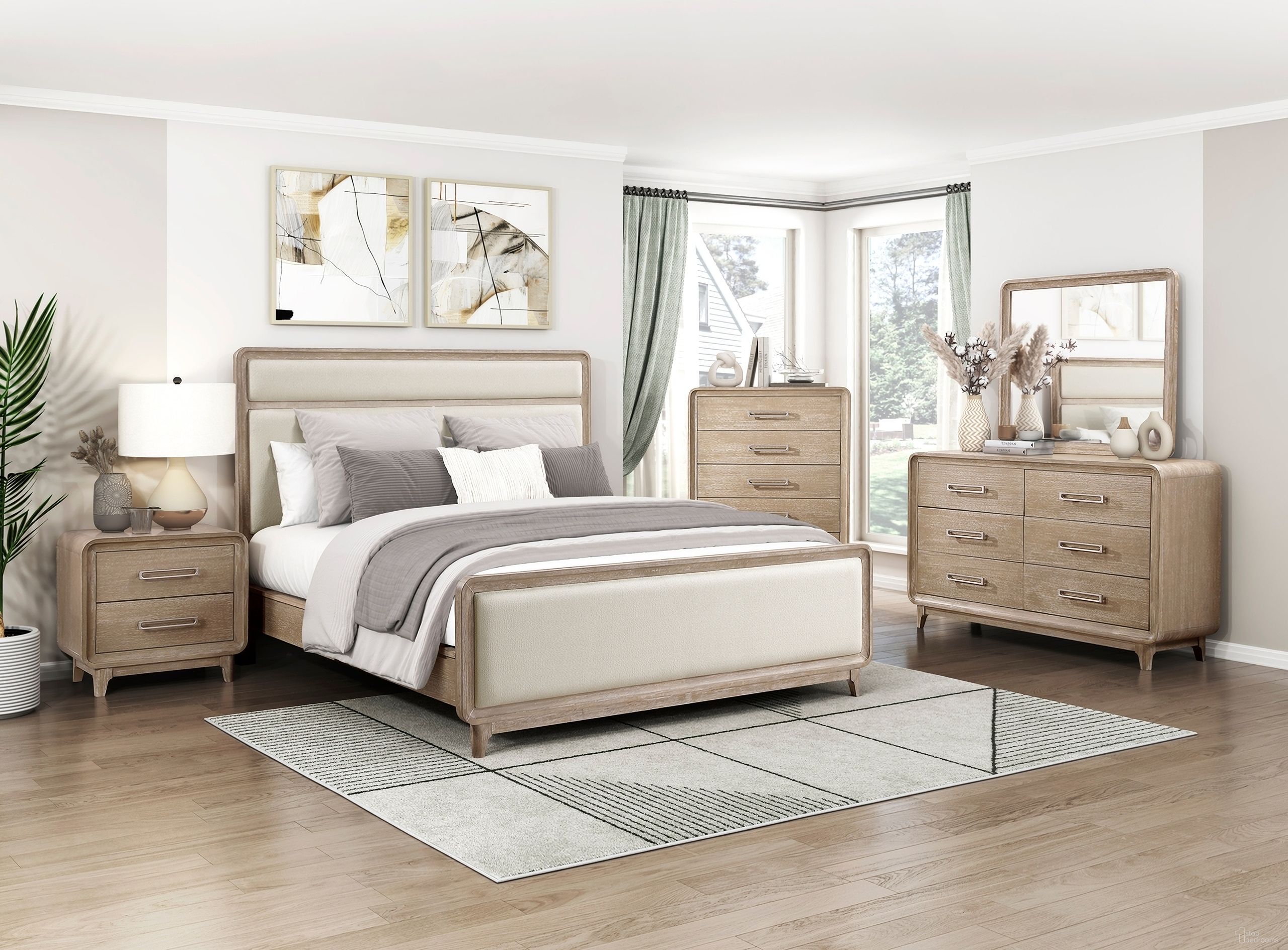 The appearance of Wilshire Panel Bedroom Set In Beige and Natural designed by Homelegance in the modern / contemporary interior design. This beige/natural piece of furniture  was selected by 1StopBedrooms from Wilshire Collection to add a touch of cosiness and style into your home. Sku: 2350-1;2350-2;2350-3;2350-4. Bed Size: Queen. Material: Chenille.
