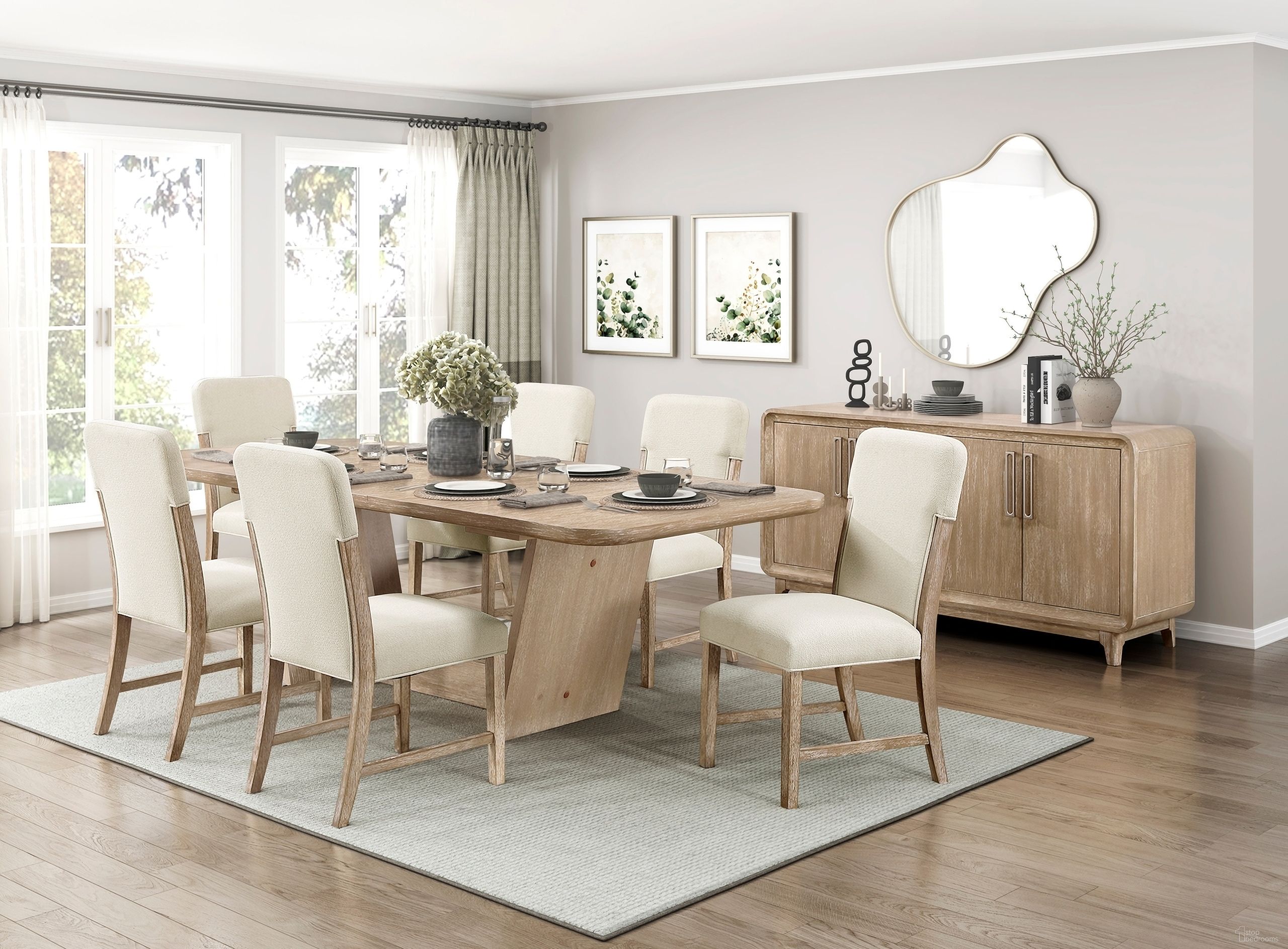 The appearance of Wilshire Rectangular Dining Set In Beige and Natural designed by Homelegance in the modern / contemporary interior design. This natural piece of furniture  was selected by 1StopBedrooms from Wilshire Collection to add a touch of cosiness and style into your home. Sku: 2350-94;2350-94B;2350S. Table Top Shape: Rectangular. Material: Chenille. Size: 43" x 74".