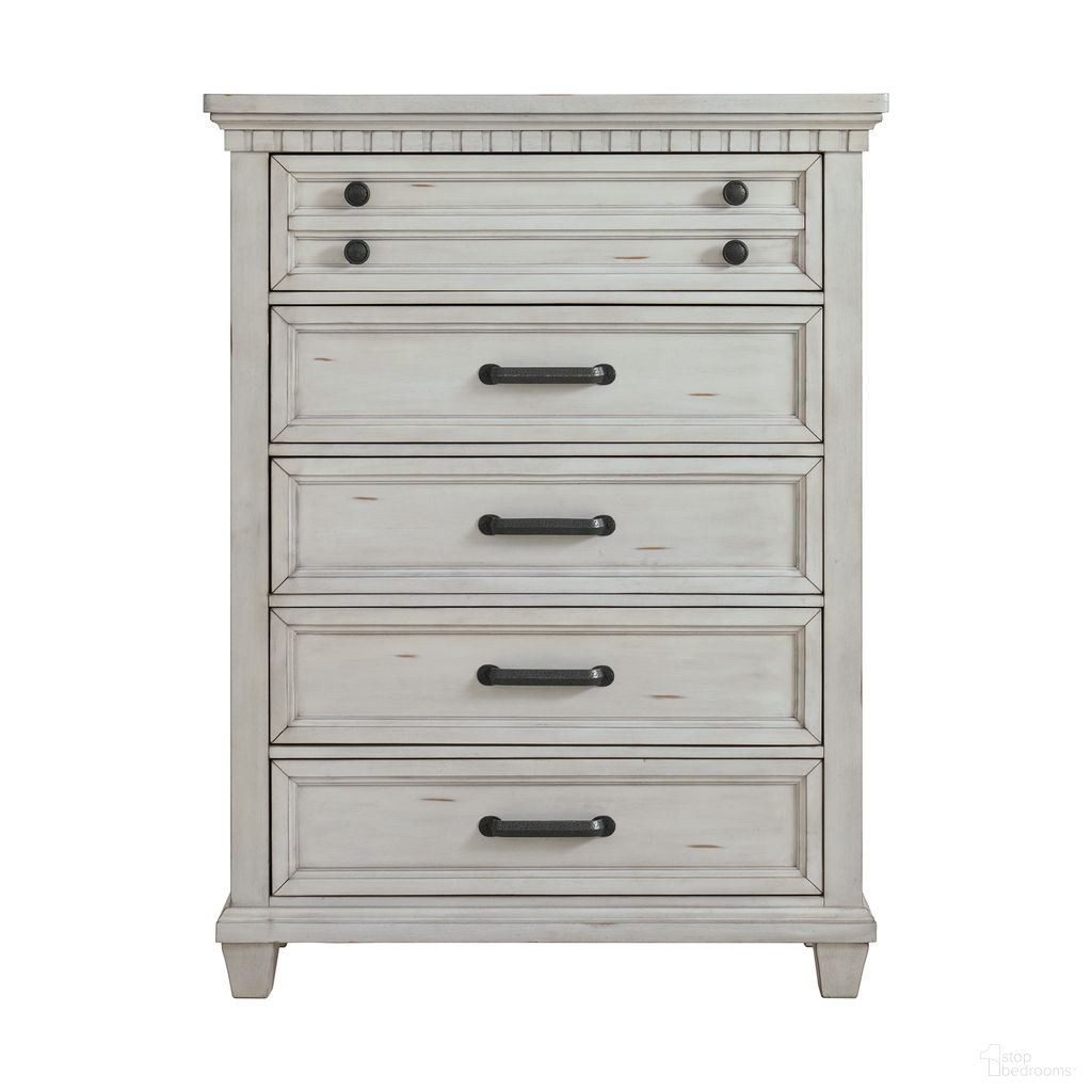 The appearance of Windom 5-Drawer Chest In Antique White designed by Picket House in the traditional interior design. This antique white piece of furniture  was selected by 1StopBedrooms from Windom Collection to add a touch of cosiness and style into your home. Sku: B-10530-7-CH. Material: Acacia.