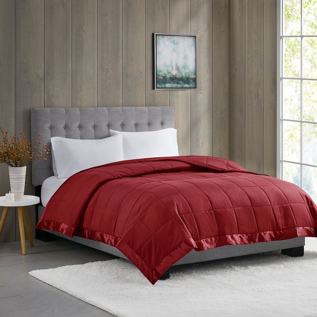 The appearance of Windom Lightweight Down Alternative King Blanket with Satin Trim In Burgundy designed by Olliix in the transitional interior design. This burgundy piece of furniture was selected by 1StopBedrooms from Windom Collection to add a touch of cosiness and style into your home. Sku: MP51-8136. Material: Polyester. Bed Size: King.