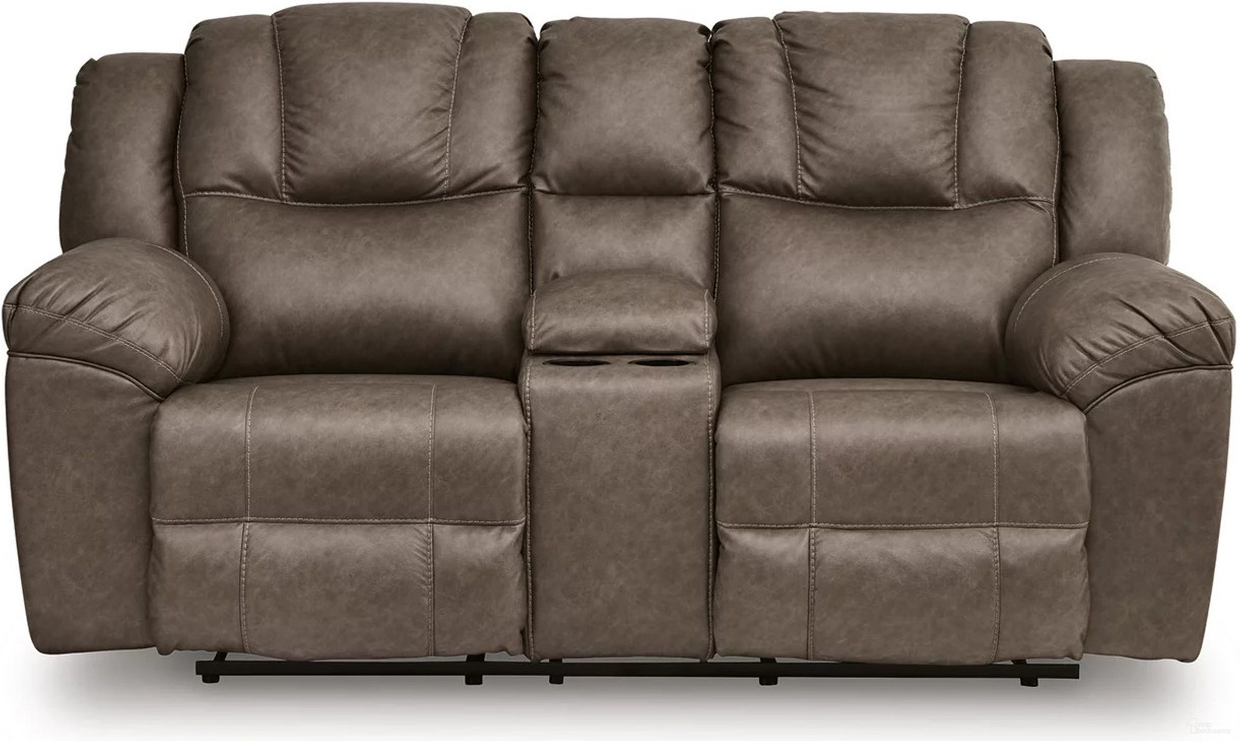 The appearance of Windsley Reclining Loveseat with Console In Driftwood designed by Signature Design by Ashley in the modern / contemporary interior design. This driftwood piece of furniture was selected by 1StopBedrooms from Windsley Collection to add a touch of cosiness and style into your home. Sku: NC6450694. Material: Fabric.