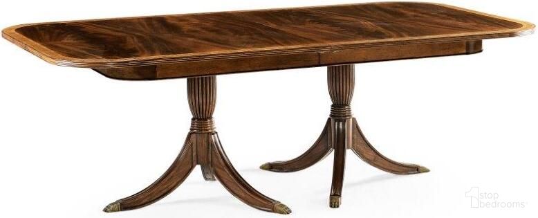 The appearance of Windsor Regency Two-Leaf Mahogany Extending Dining Table designed by Jonathan Charles in the traditional interior design. This antique piece of furniture was selected by 1StopBedrooms from Windsor Collection to add a touch of cosiness and style into your home. Sku: 492865-88L-MAH. Table Base Style: Double Pedestal. Material: Wood. Table Top Shape: Rectangular. Size: 132".