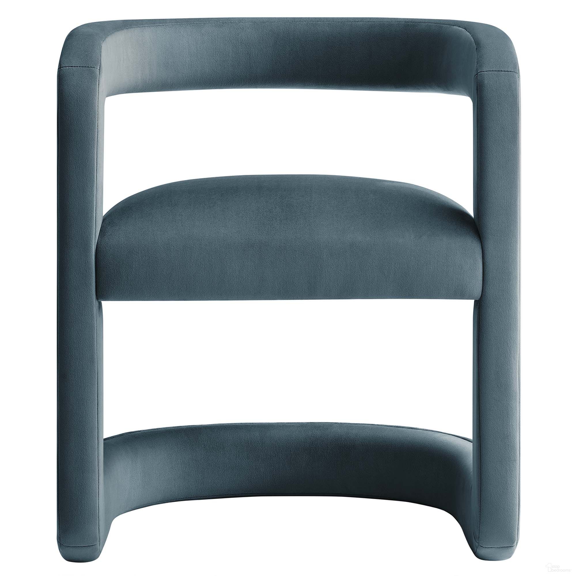 The appearance of Winslow Barrel Performance Velvet Dining Chair In Cadet Blue designed by Modway in the modern / contemporary interior design. This cadet blue piece of furniture  was selected by 1StopBedrooms from Winslow Collection to add a touch of cosiness and style into your home. Sku: EEI-7052-CAB. Material: Velvet. Chair Type: Arm Chair.