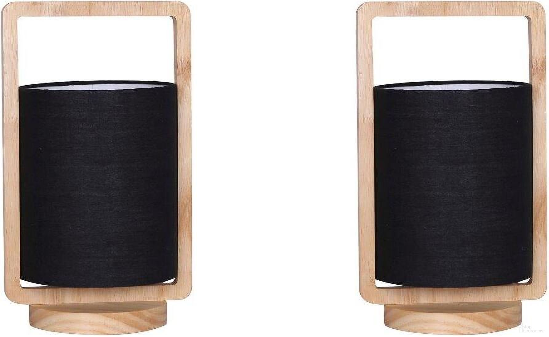 Wood 12 Inch Cylnder Table Lamps Set of 2 In Nature Wood And Black