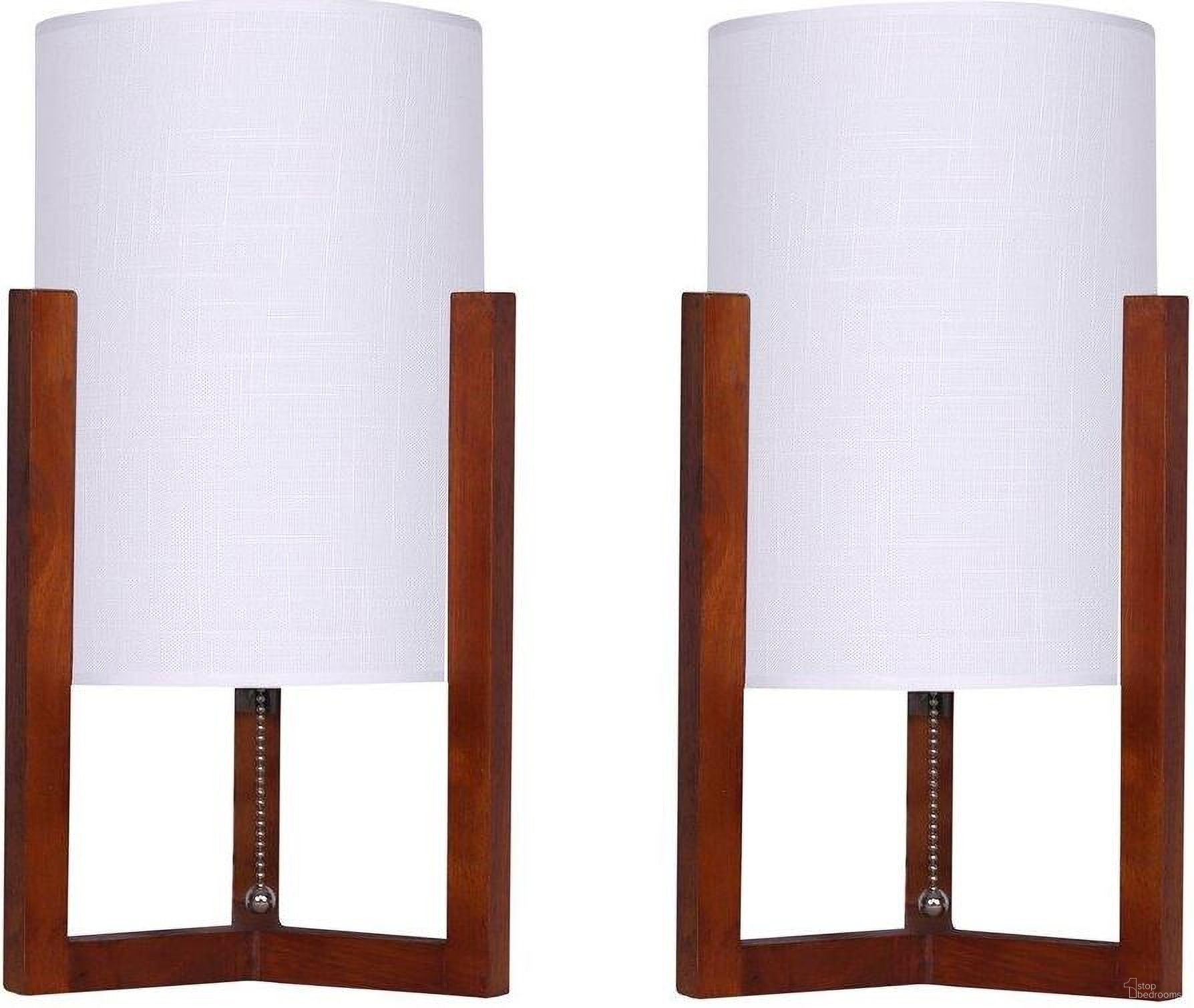 Wood 16 Inch Cylnder Tripod Table Lamps Set of 2 In Cherry And White