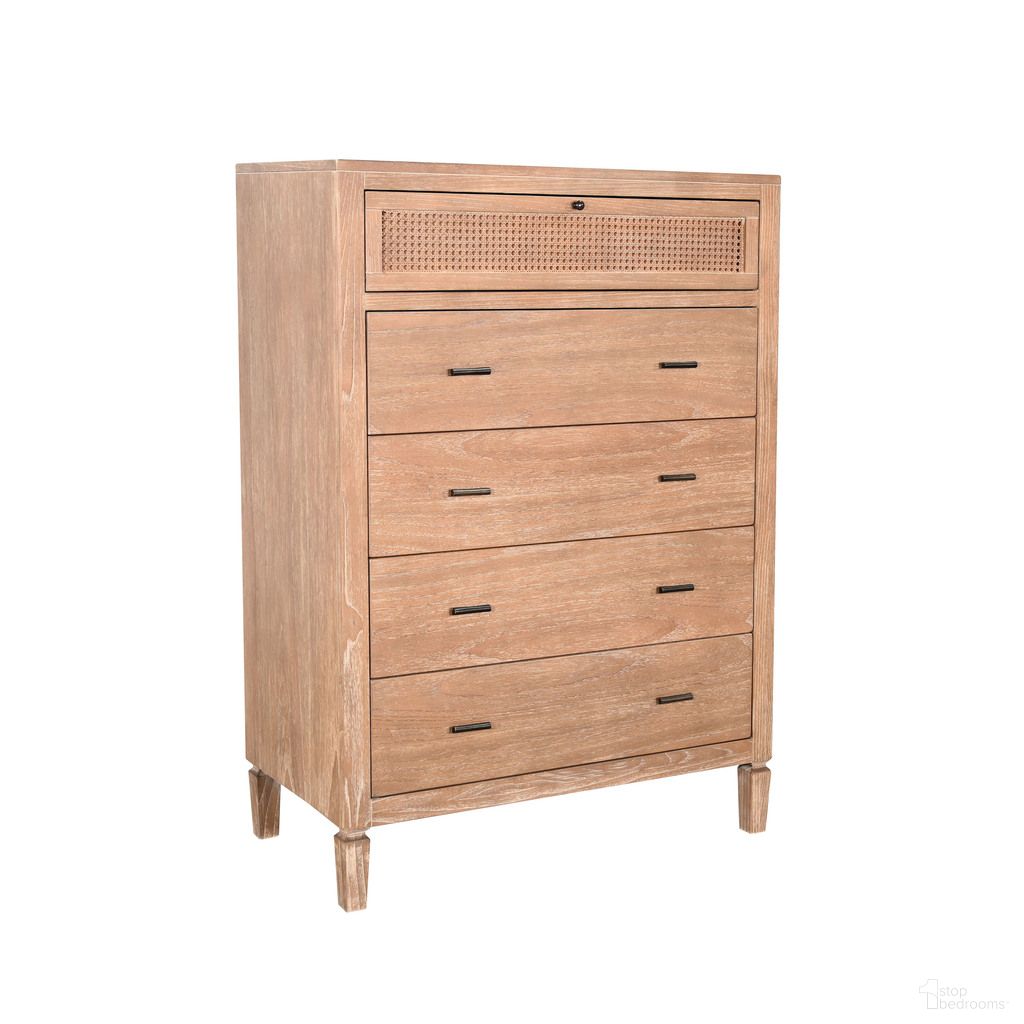 Wood 5-Drawer Chest with Woven Rattan Detail In Oak Grove