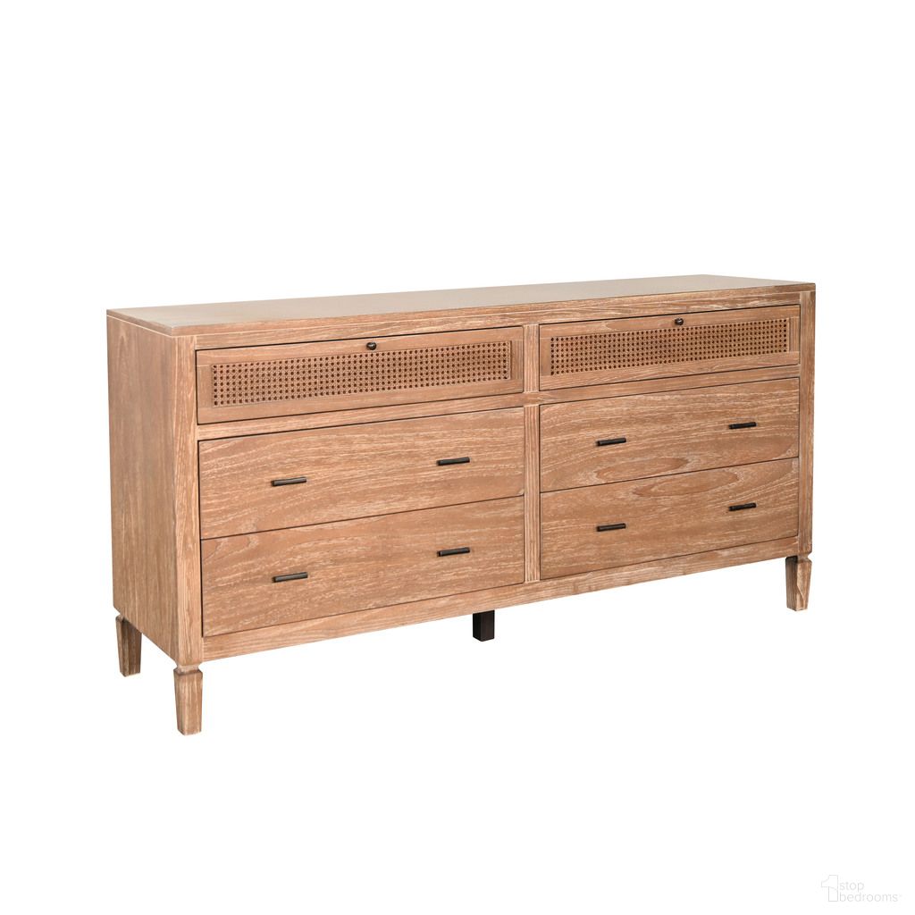 The appearance of Wood 6-Drawer Dresser with Rattan Accents In Oak Grove designed by Sunny Designs in the modern / contemporary interior design. This oak grove piece of furniture  was selected by 1StopBedrooms from  to add a touch of cosiness and style into your home. Sku: 2377OG-D. Material: Solid Wood.