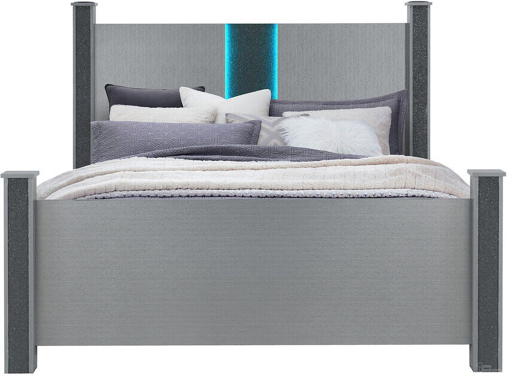 Wood and Faux Crystals Lighted Queen Four Poster Bed Frame In Silver