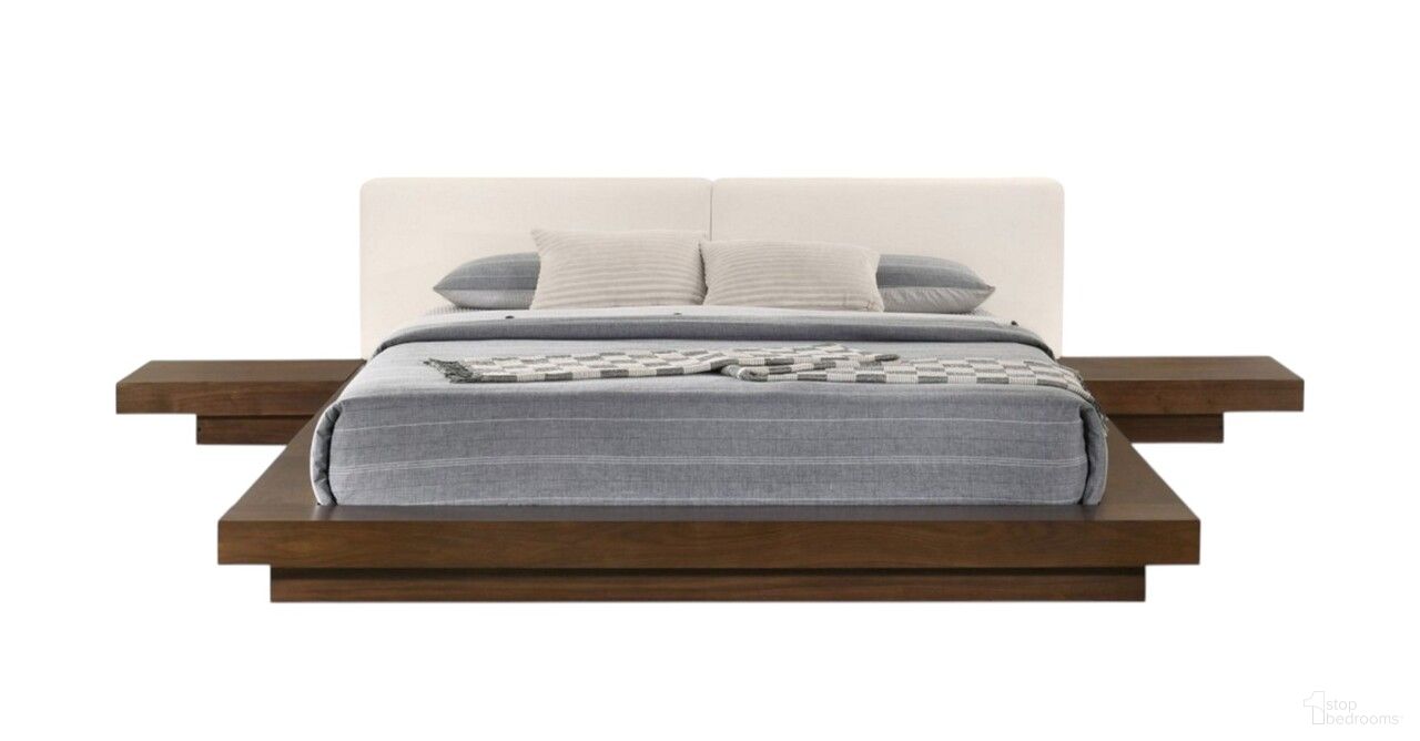 Wood and Faux Leather King Bed Frame with Attached Nightstands In Walnut and White
