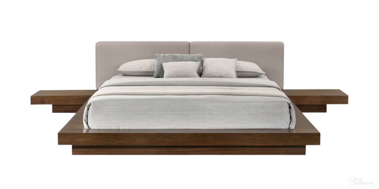 The appearance of Wood and Faux Leather Queen Bed Frame with Attached Nightstands In Gray and Walnut designed by Homeroots in the modern / contemporary interior design. This gray and walnut piece of furniture  was selected by 1StopBedrooms from  to add a touch of cosiness and style into your home. Sku: 486239. Material: Faux Leather. Bed Size: Queen.