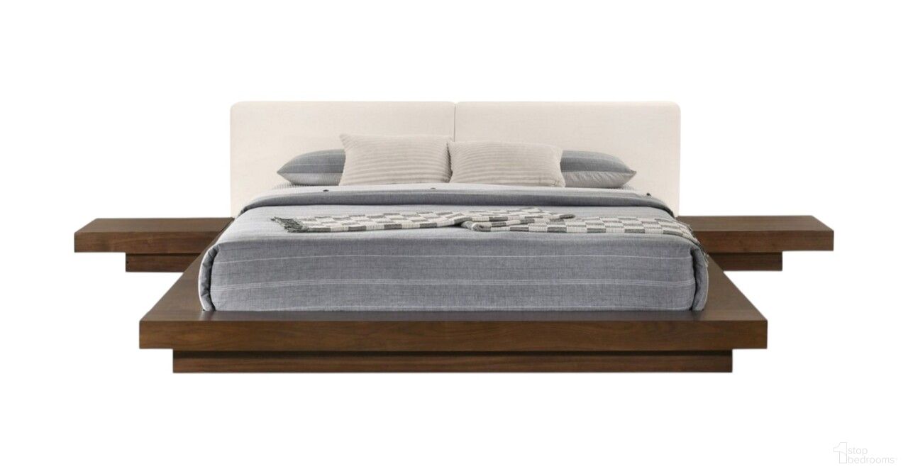 Wood and Faux Leather Queen Bed Frame with Attached Nightstands In Walnut and White