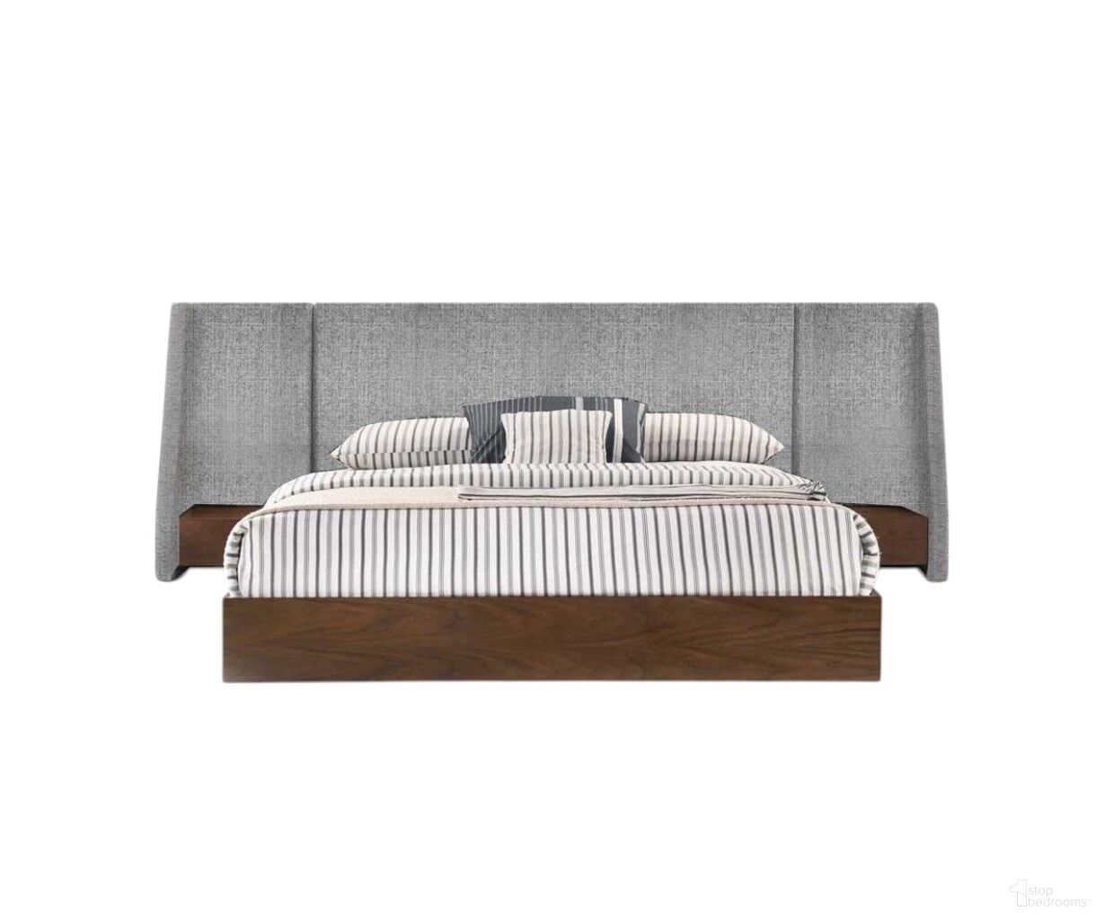 Wood and Upholstery King Bed Frame with Attached Nightstands In Brown and Gray