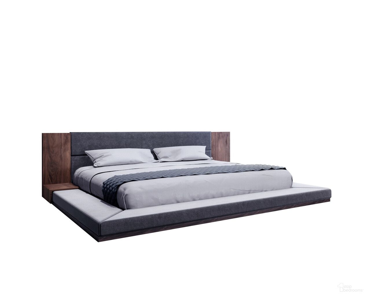 Wood and Upholstery Queen Bed Frame with Attached Nightstands In Gray and Walnut