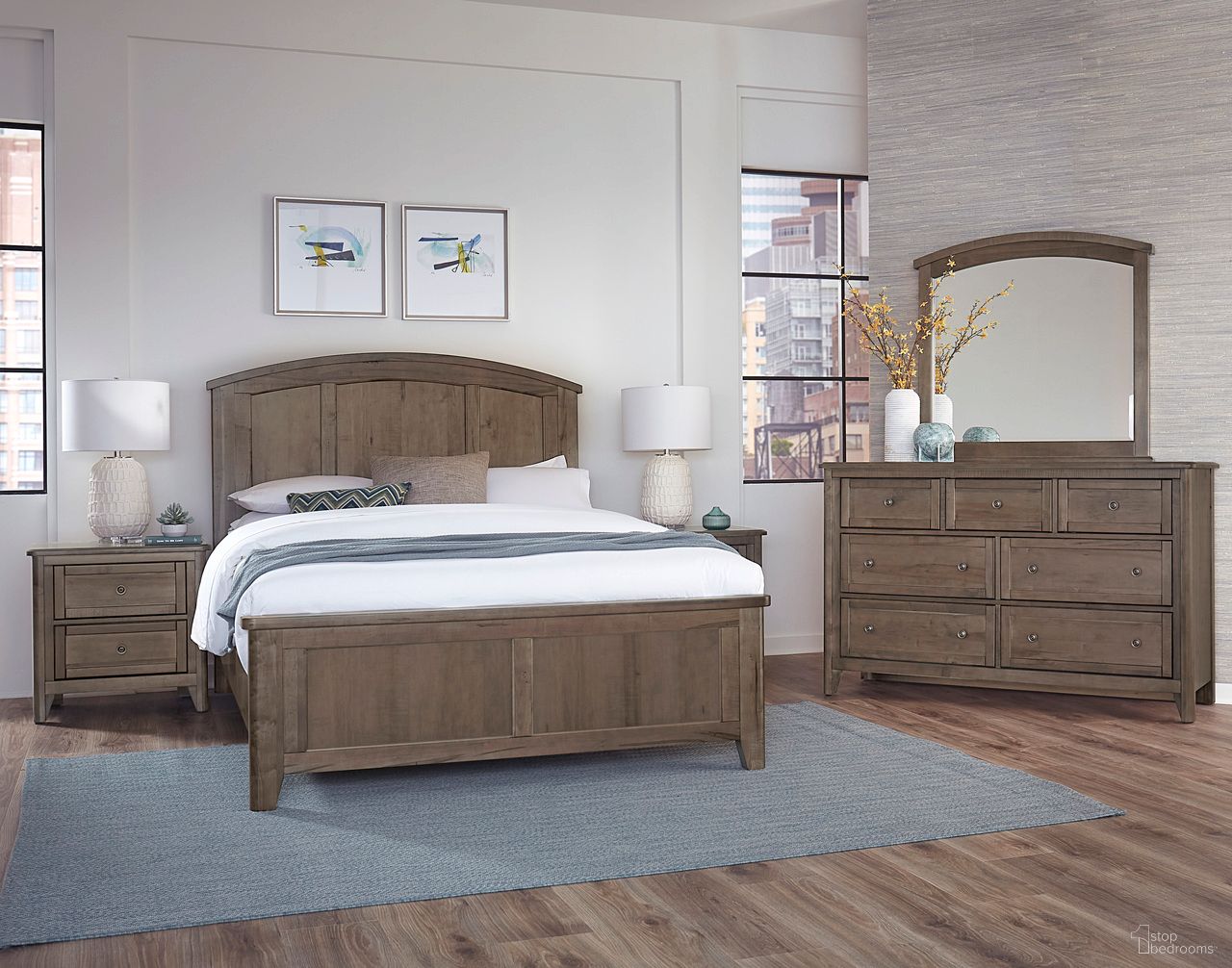 The appearance of Woodbridge Arch Bedroom Set In Dark Cashmere designed by Vaughan Bassett in the transitional interior design. This dark cashmere piece of furniture was selected by 1StopBedrooms from Woodbridge Collection to add a touch of cosiness and style into your home. Sku: 820-557;820-755;820-922;820-227. Bed Size: California King. Material: Maple.