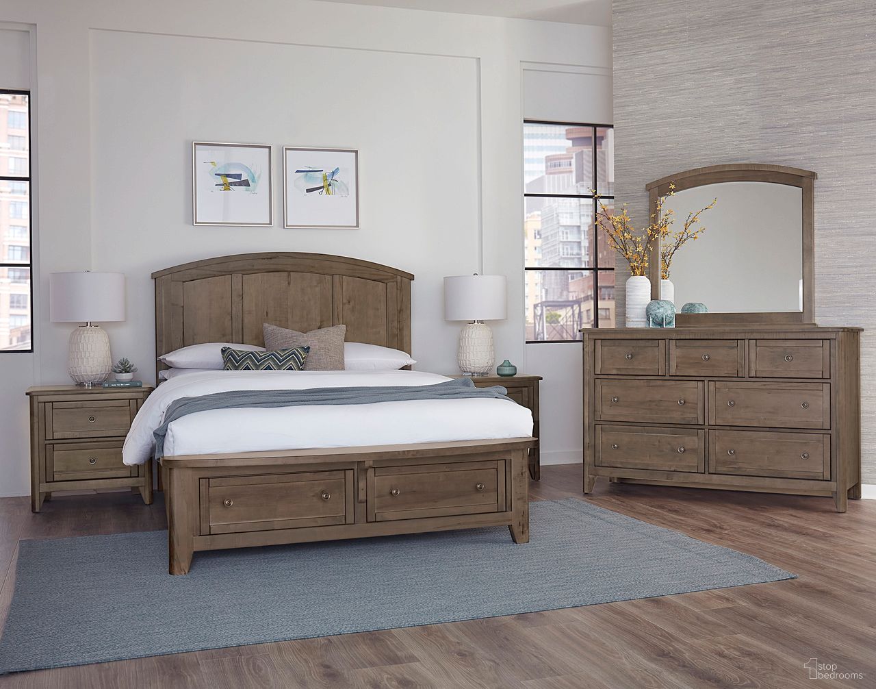 The appearance of Woodbridge Arch Bedroom Set With Storage Footboard In Dark Cashmere designed by Vaughan Bassett in the transitional interior design. This dark cashmere piece of furniture was selected by 1StopBedrooms from Woodbridge Collection to add a touch of cosiness and style into your home. Sku: 820-557;820-050B;820-502;TT-555T;820-227. Bed Size: King. Material: Maple.