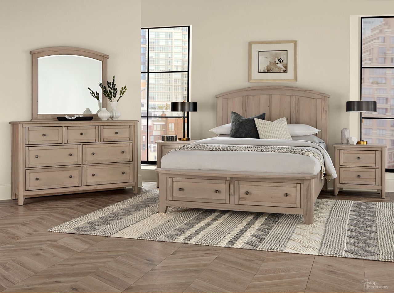 The appearance of Woodbridge Arch Bedroom Set With Storage Footboard In Shadow Grey designed by Vaughan Bassett in the transitional interior design. This shadow grey piece of furniture  was selected by 1StopBedrooms from Woodbridge Collection to add a touch of cosiness and style into your home. Sku: 821-557;821-050B;821-502;TT-555T;821-227. Bed Size: King. Material: Maple.