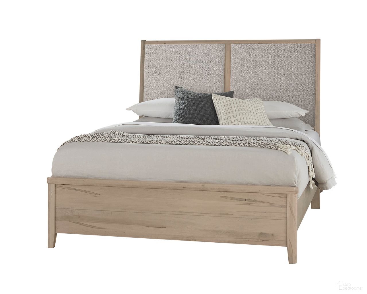 The appearance of Woodbridge Queen Upholstered Bed In Grey designed by Vaughan Bassett in the transitional interior design. This shadow grey piece of furniture was selected by 1StopBedrooms from Woodbridge Collection to add a touch of cosiness and style into your home. Sku: 821-551;821-155;821-052;821-922. Bed Size: Queen. Material: Maple. Bed Type: Upholstered Bed.