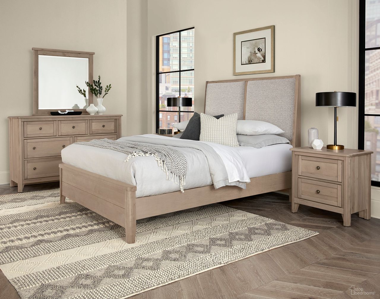 The appearance of Woodbridge Upholstered Bedroom Set In Grey designed by Vaughan Bassett in the transitional interior design. This shadow grey piece of furniture  was selected by 1StopBedrooms from Woodbridge Collection to add a touch of cosiness and style into your home. Sku: 821-551;821-155;821-052;821-922;821-227. Bed Size: California King. Material: Maple.
