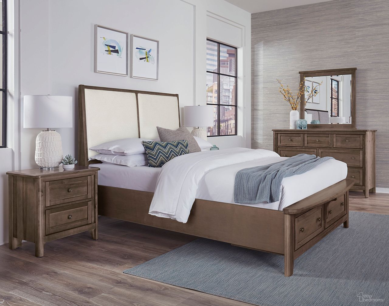 Woodbridge Upholstered Bedroom Set With Storage In Dark Cashmere and White